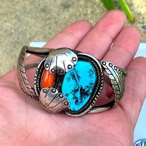 Sterling silver turquoise & coral bracelet old southwest style jewelry 925